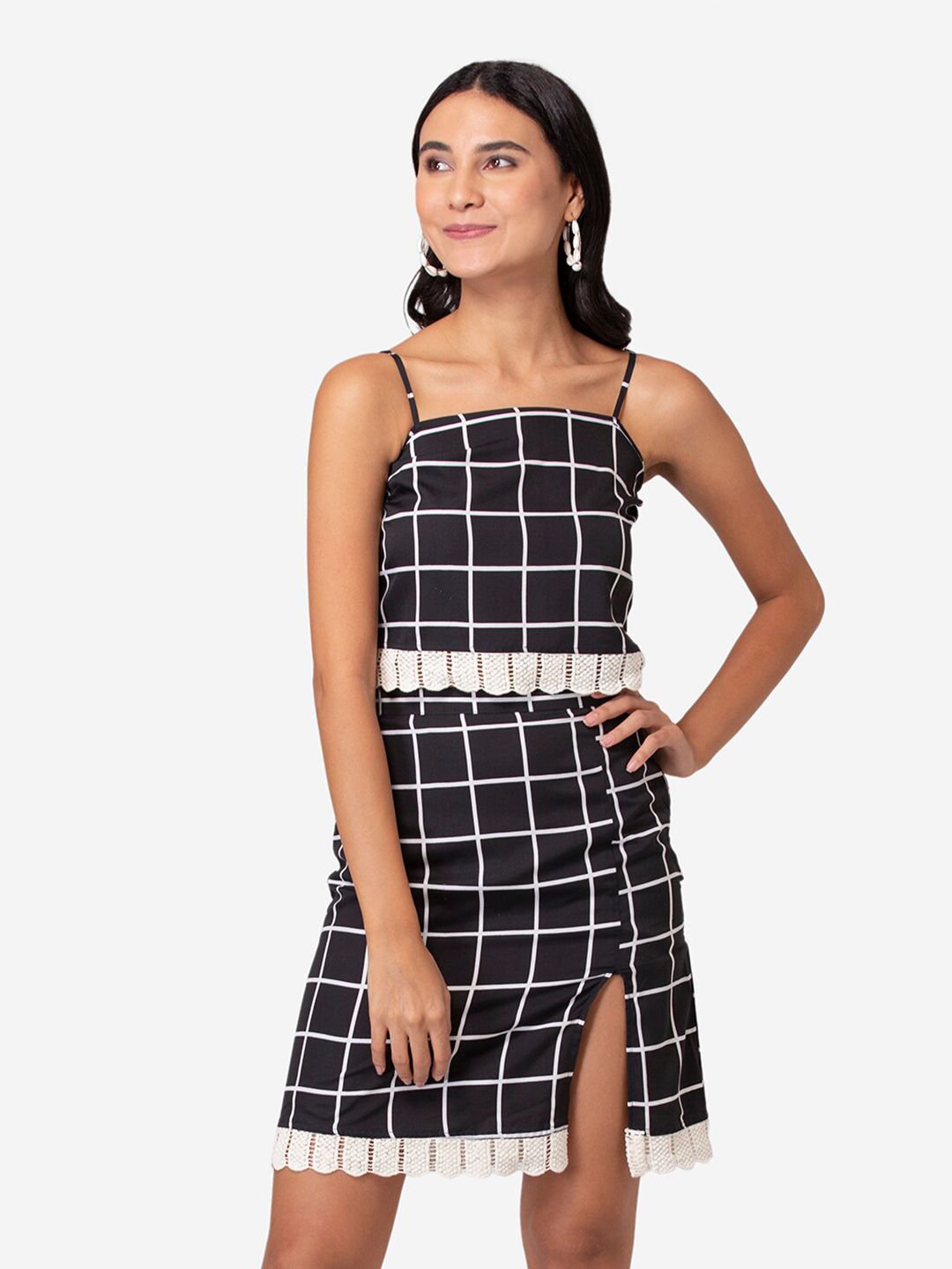 YEROS Black & White Checked Crop Top With Skirt