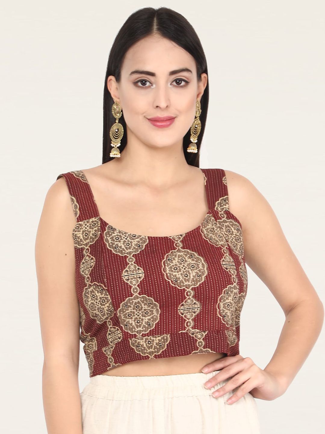 Molcha Women Brown & Beige Printed Cotton Saree Blouse Price in India
