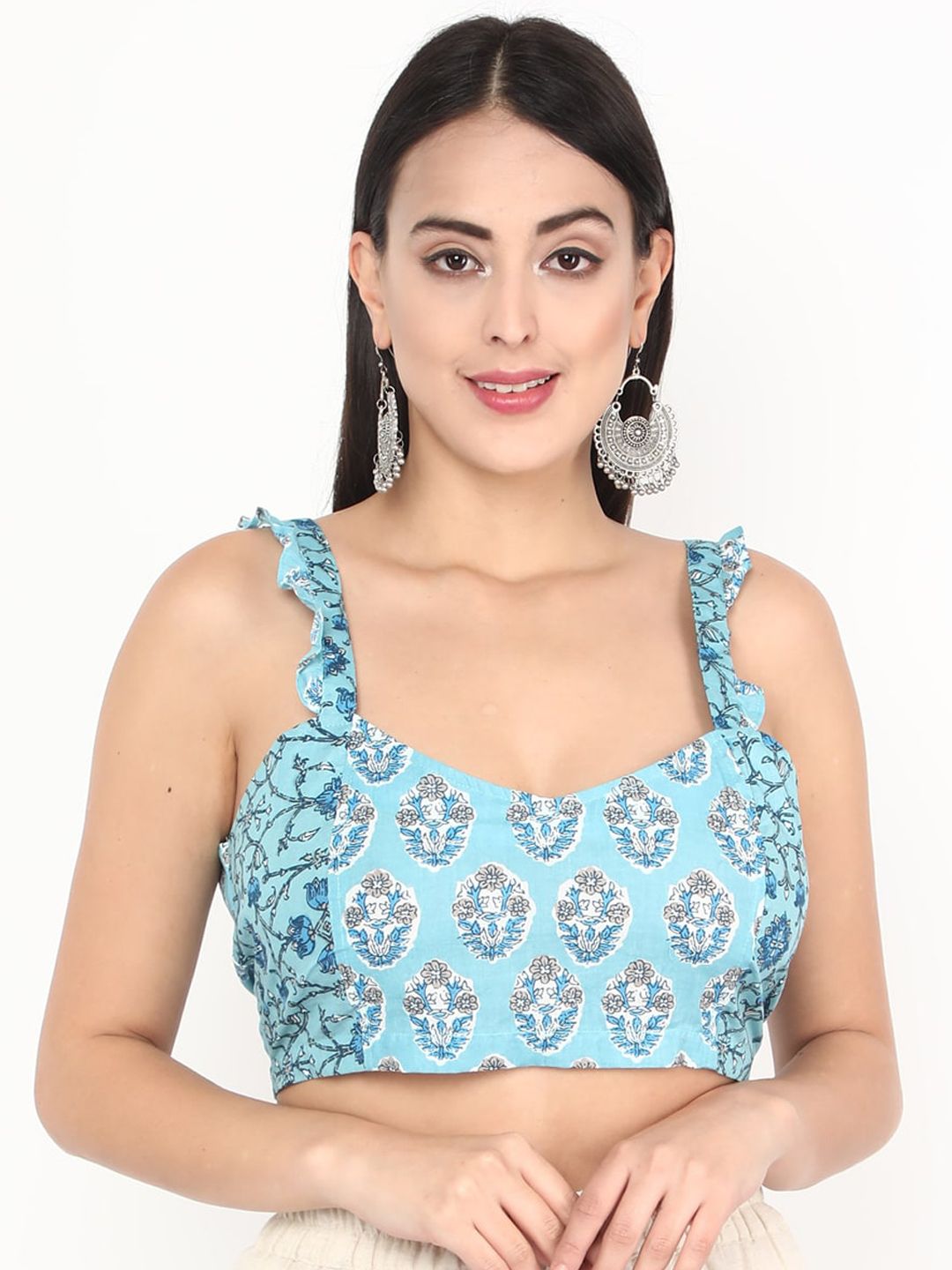 Molcha Blue & White Printed Cotton Non-Padded Saree Blouse Price in India