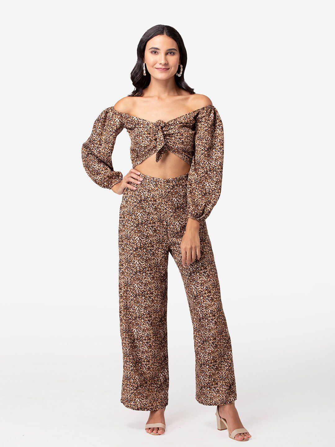 YEROS Women Brown Off-Shoulder Printed Basic Jumpsuit Price in India