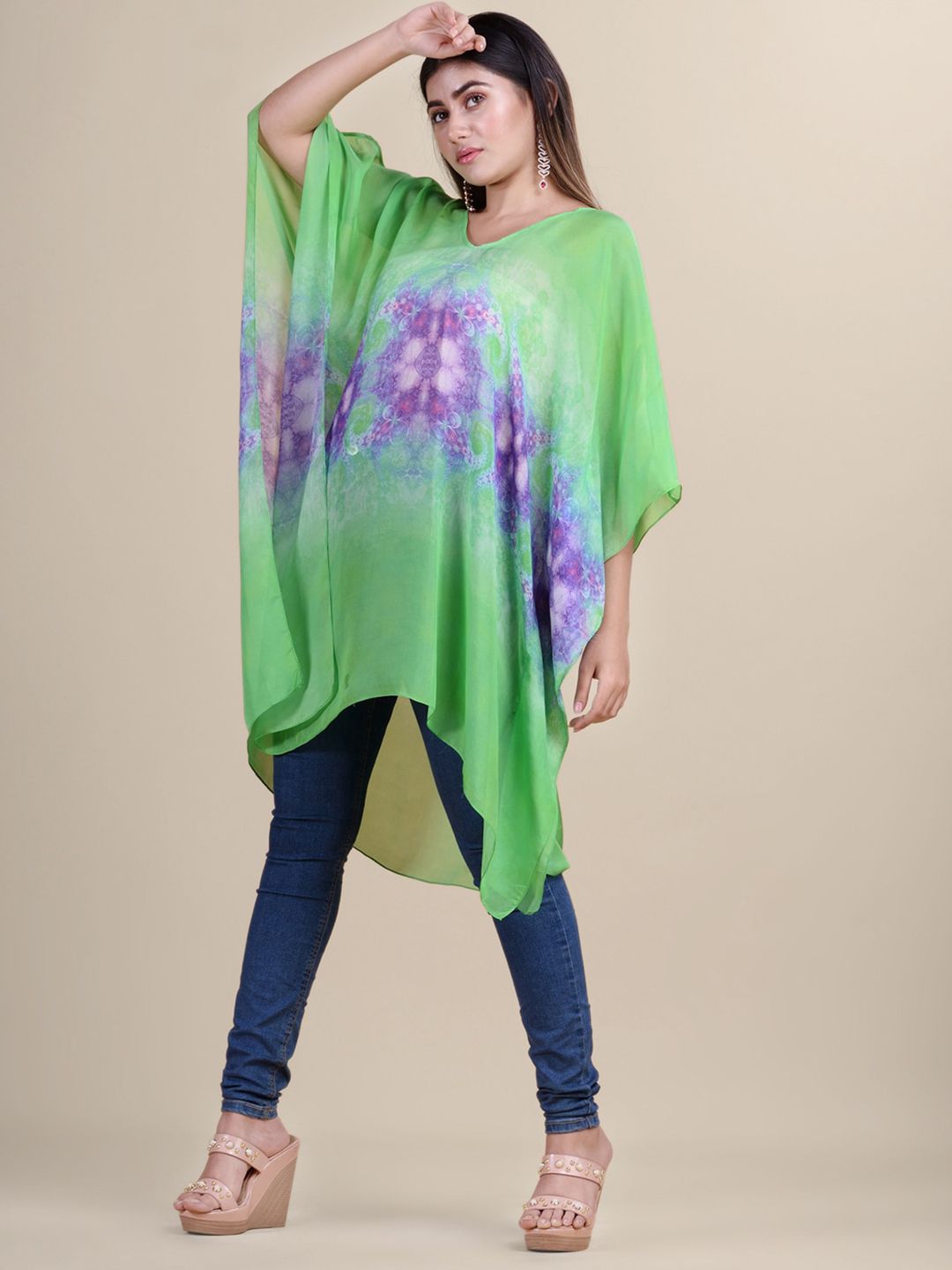 Laa Calcutta Green & Violet Printed Kaftan Tunic Price in India