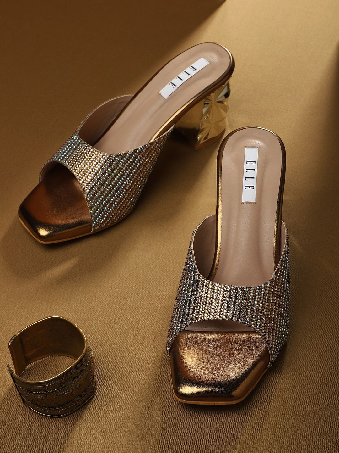 ELLE Rose Gold Embellished Party Block Mules Price in India