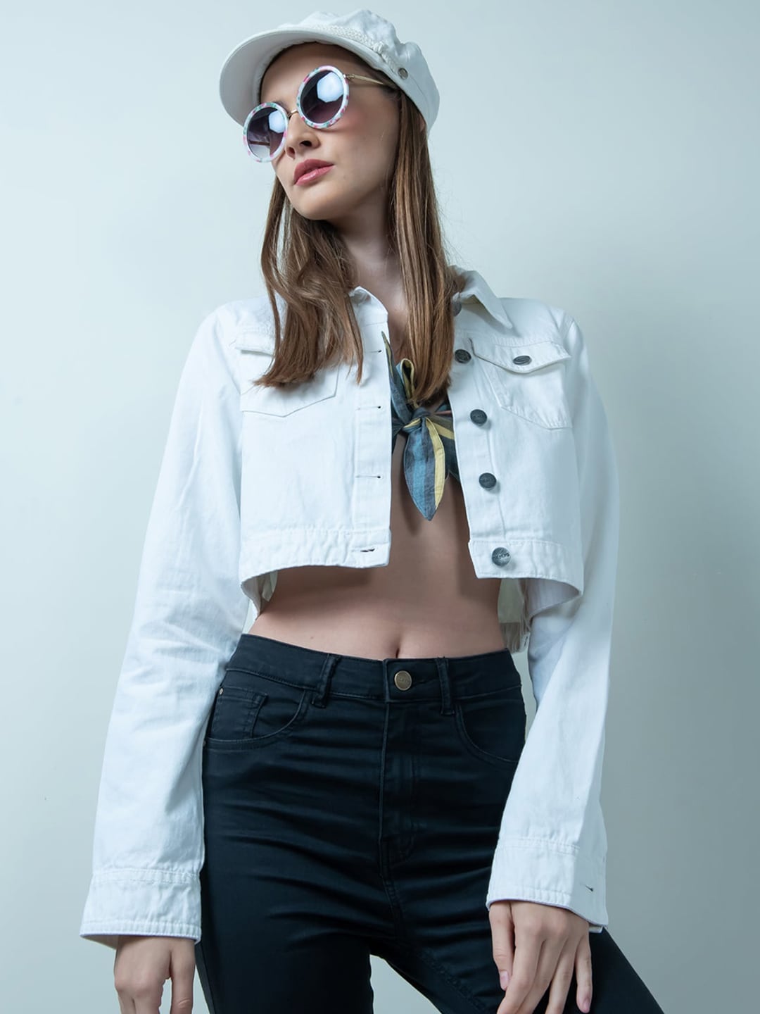 FREAKINS Women White Solid Cropped Denim Jacket Price in India