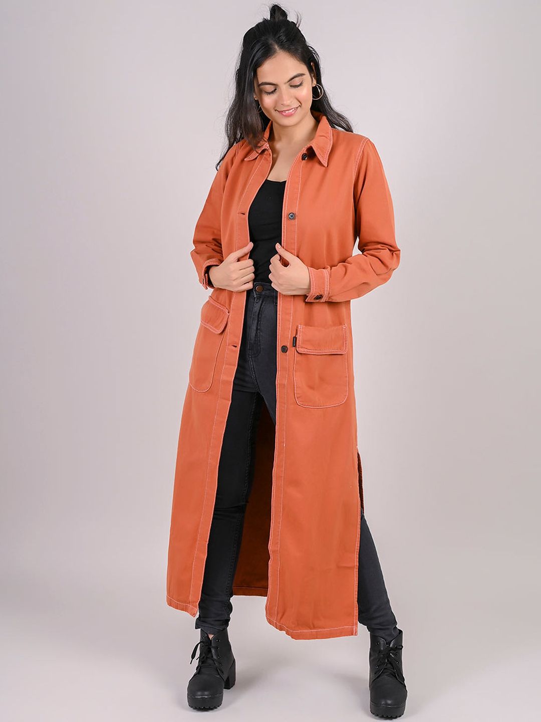 FREAKINS Women Orange Longline Tailored Jacket Price in India