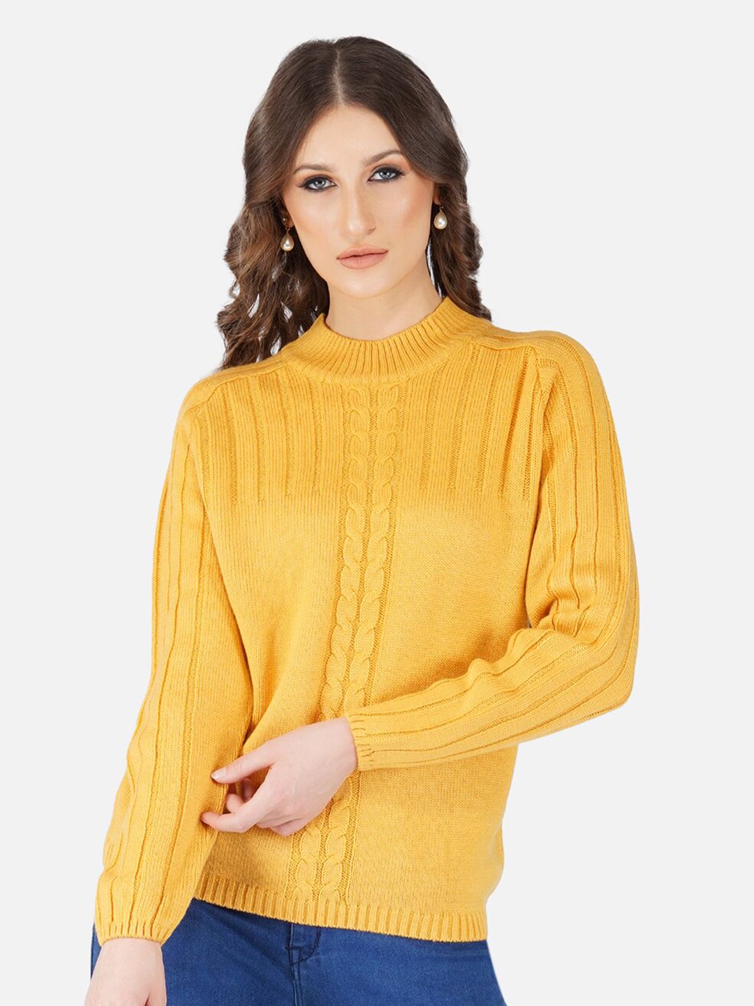 JoE Hazel Women Mustard Cable Knit Ribbed Pullover Sweater Price in India