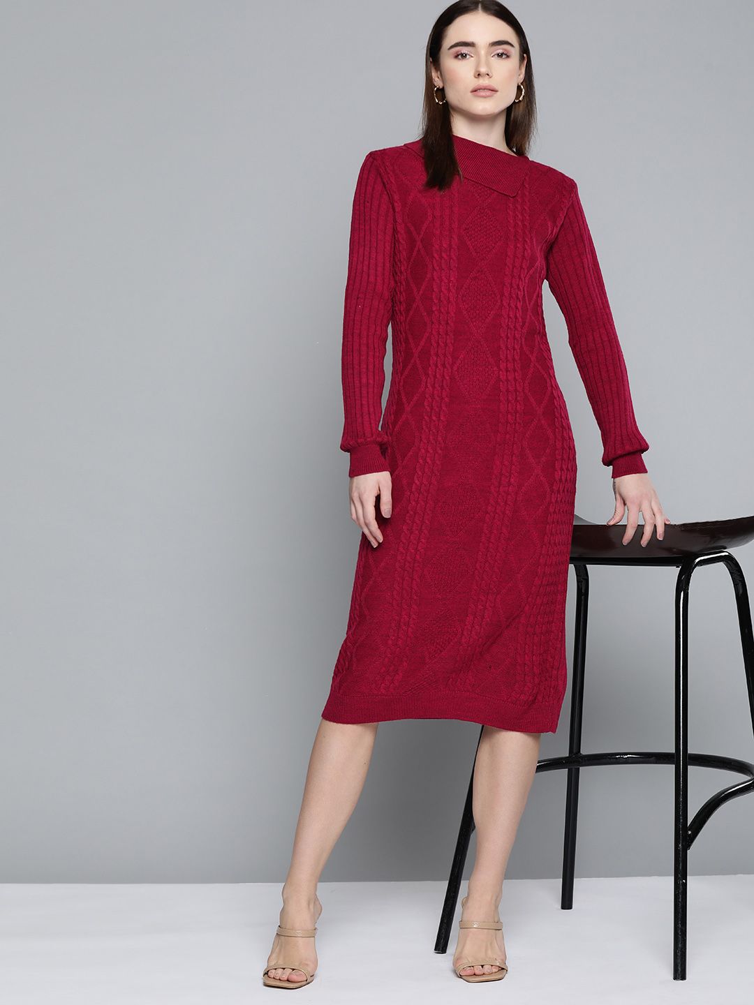 Chemistry Maroon Cable Knit Collared Jumper Dress Price in India