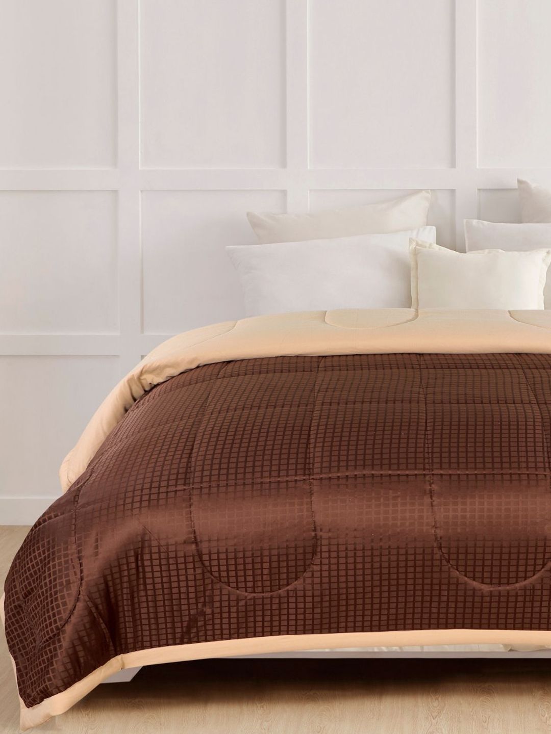 A Homes Grace Coffee Brown Checked Microfiber AC Room 120 GSM Double Bed Comforter Price in India