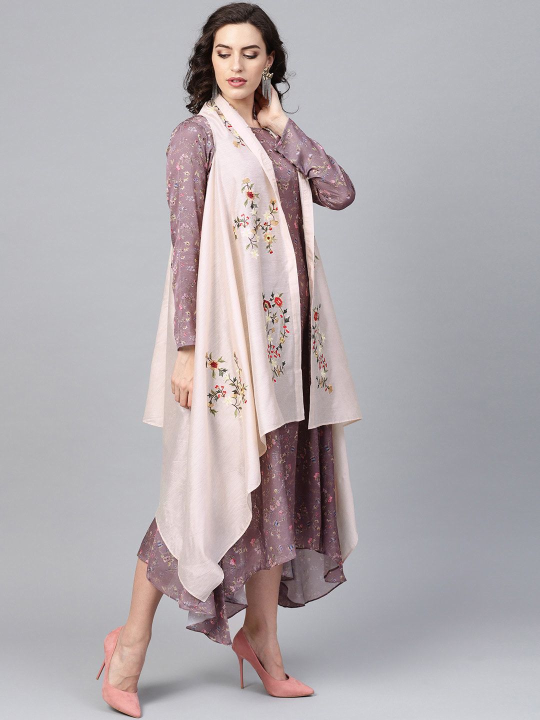 Indo Era Women Off White Floral Lightweight Longline Open Front Jacket with Embroidered Price in India