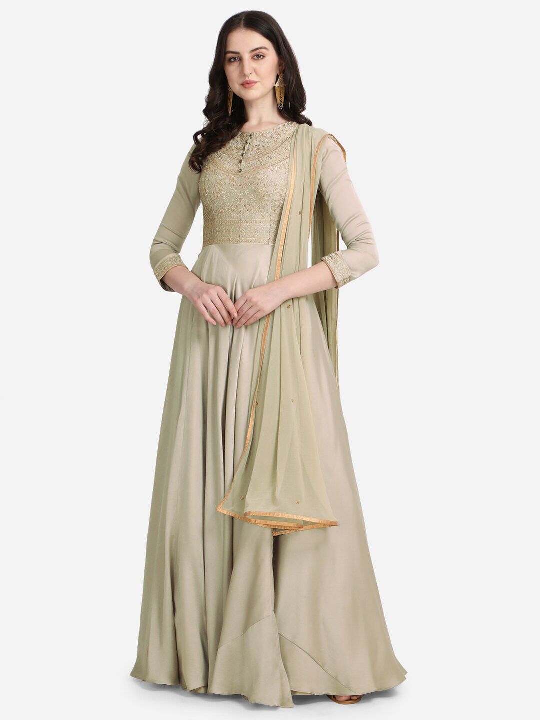 NAKKASHI Grey Embroidered Satin Maxi Gown with Dupatta Price in India
