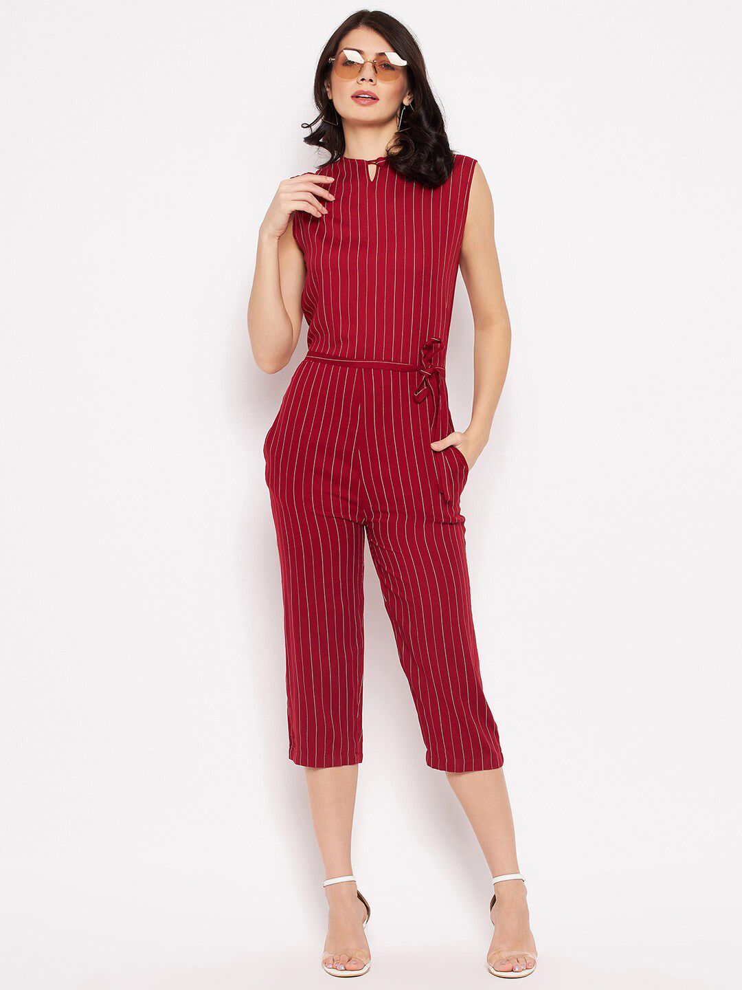 Camey Women Red Striped Capri Jumpsuit Price in India