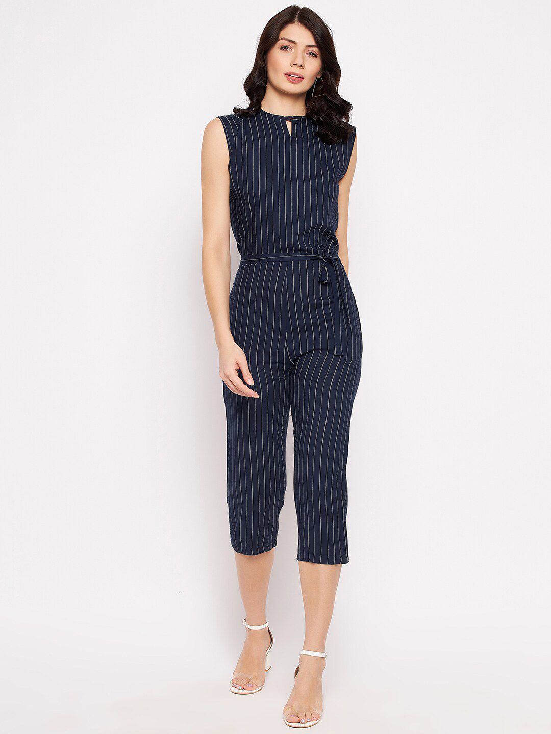 Camey Women Navy Blue & White Striped Culotte Crepe Sleeveless Jumpsuit Price in India