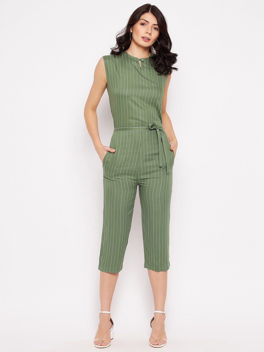 Camey Green Striped Culotte Jumpsuit with Lace Inserts Price in India