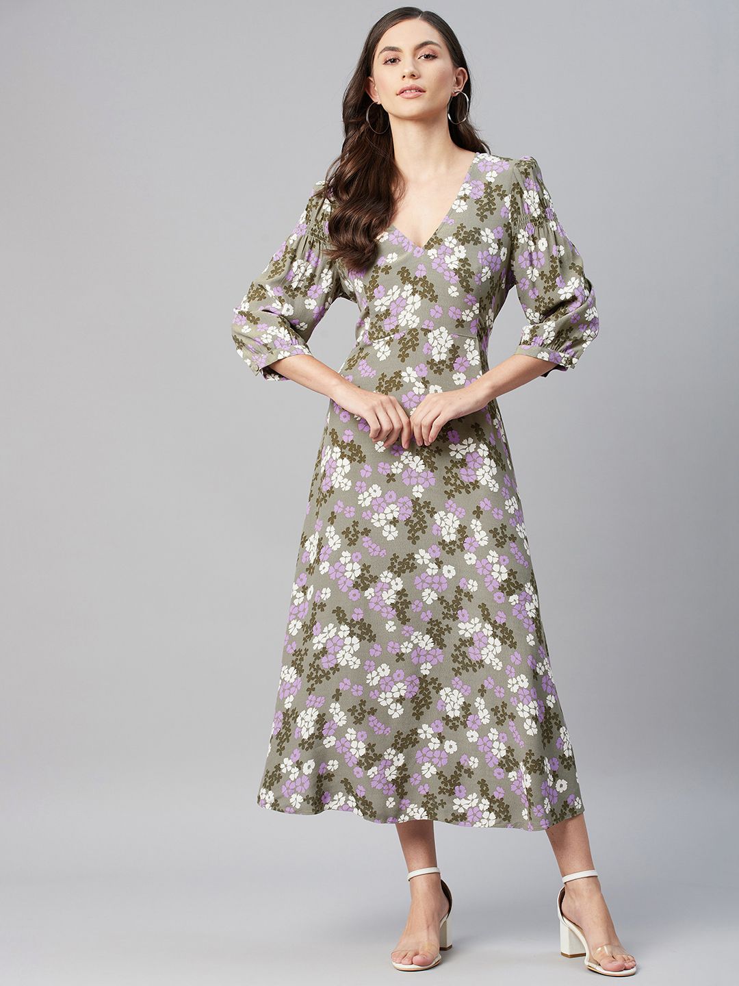 Marks & Spencer Women Olive Green & White Floral A-Line Midi Dress Price in India