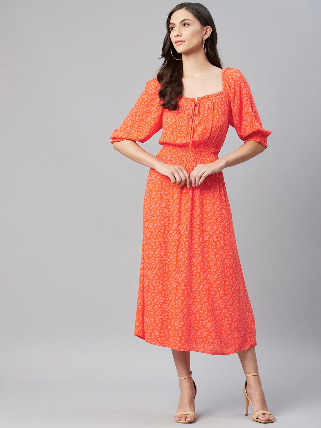 Marks & Spencer Women Coral Red Floral Tie-Up Neck A-Line Midi Dress Price in India