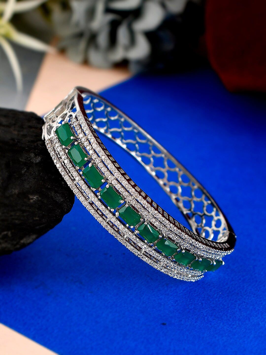 Silvermerc Designs Women Green & Silver-Plated American Diamond Bangle-Style Bracelet Price in India