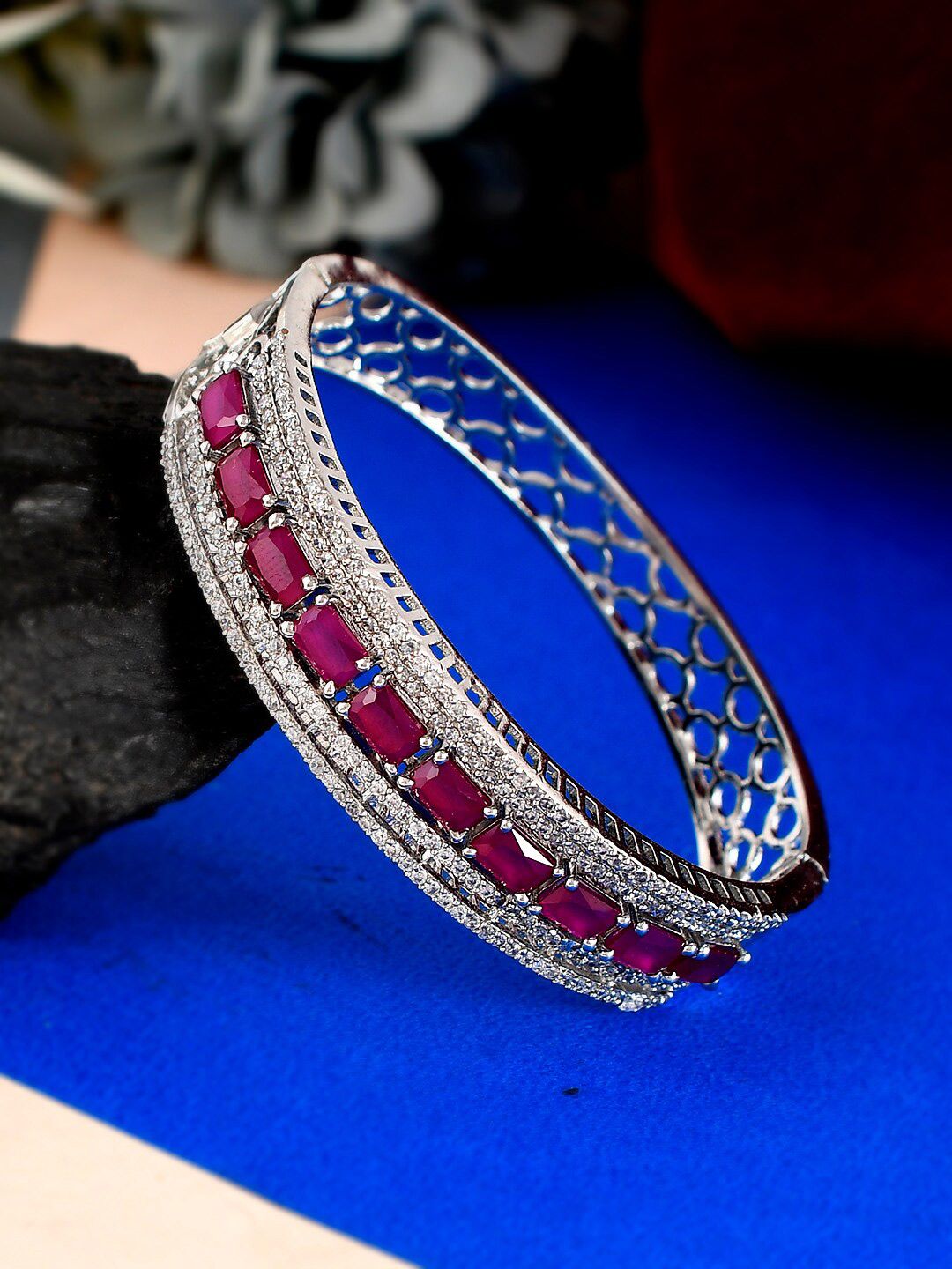Silvermerc Designs Women Silver-Toned & Pink Silver-Plated Bangle-Style Bracelet Price in India