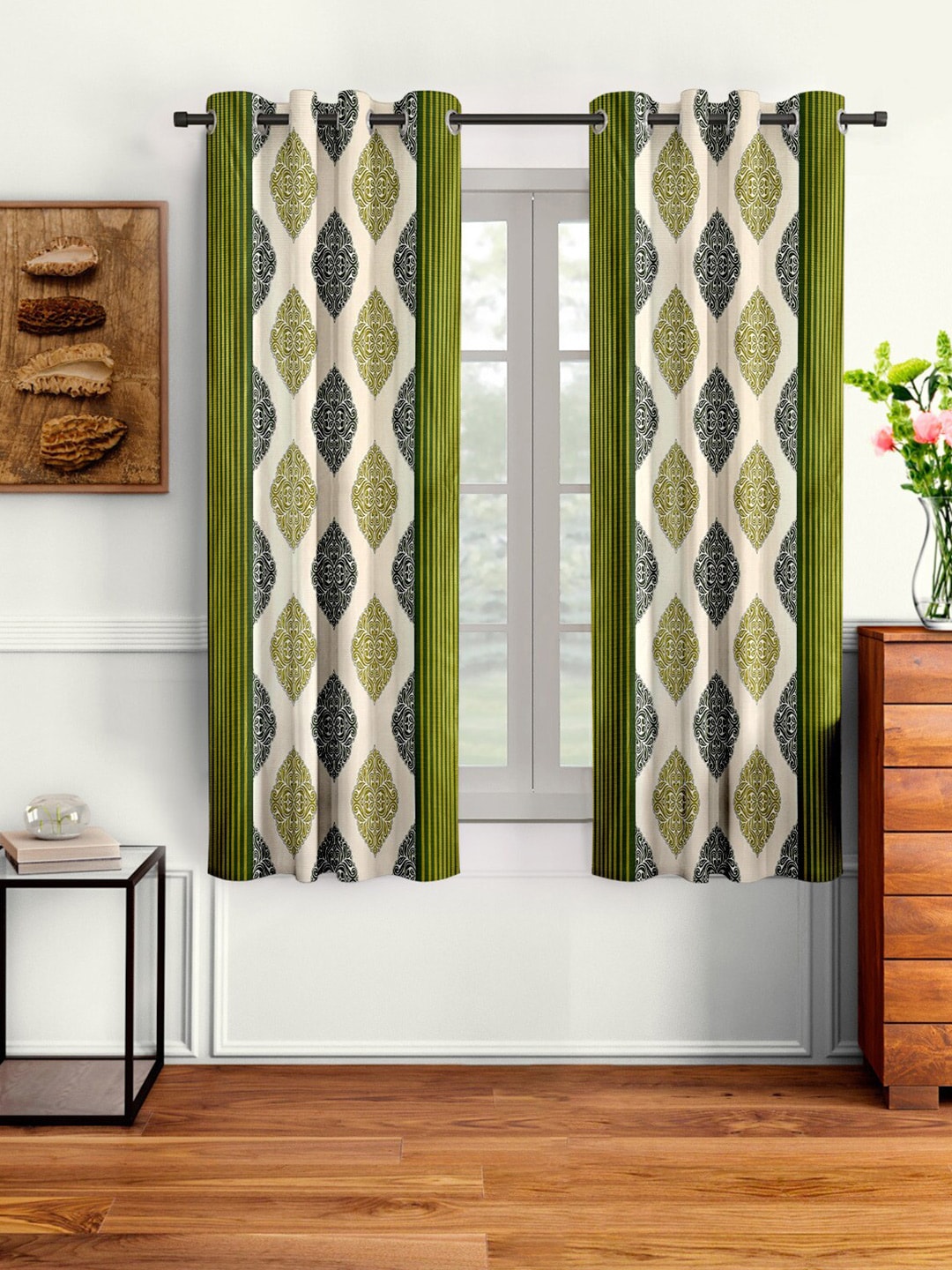 Cortina Green & Beige Set of 2 Ethnic Motifs Window Curtains Price in India