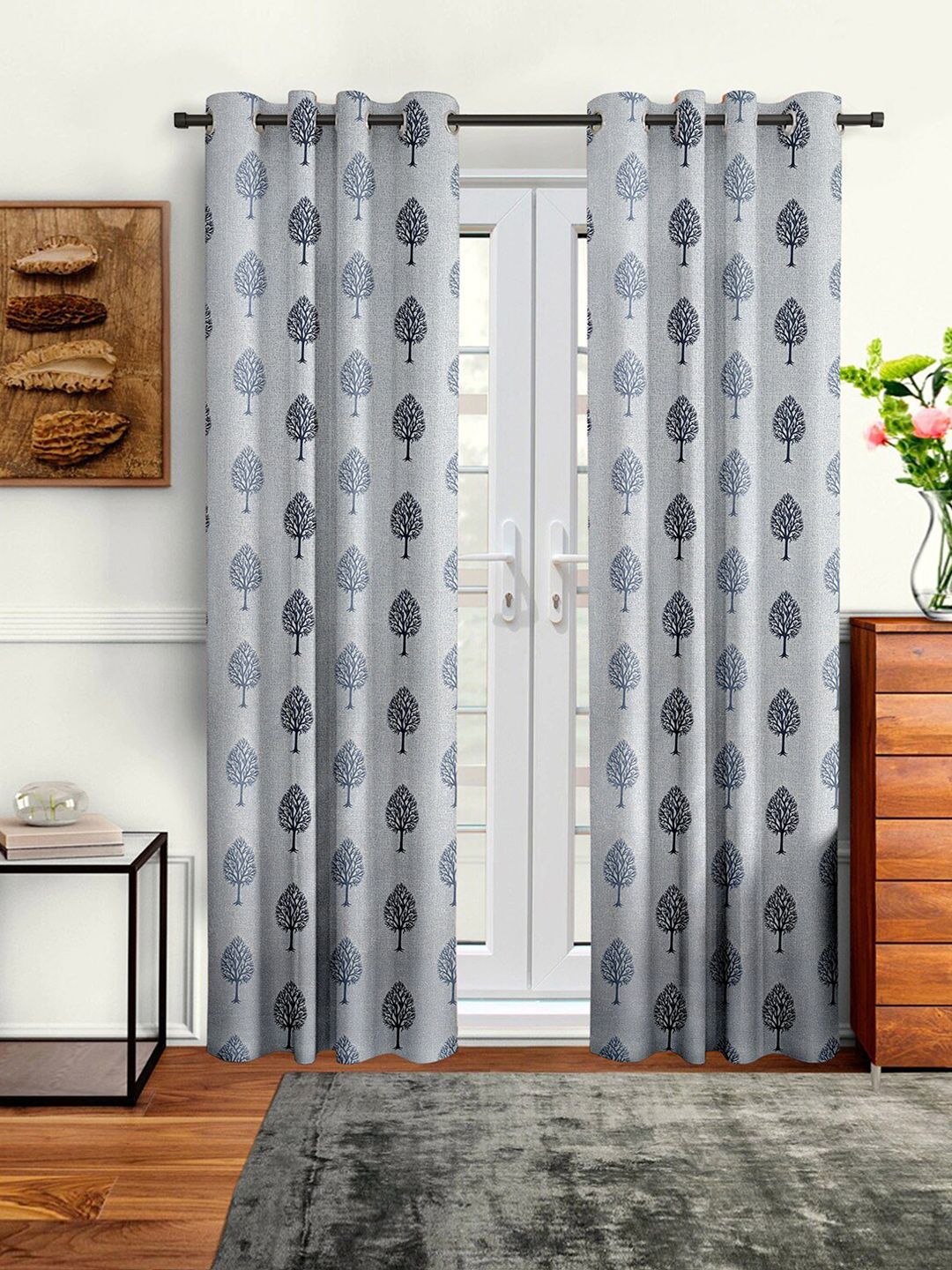 Cortina Grey & Blue Set of 2 Floral Door Curtain Price in India