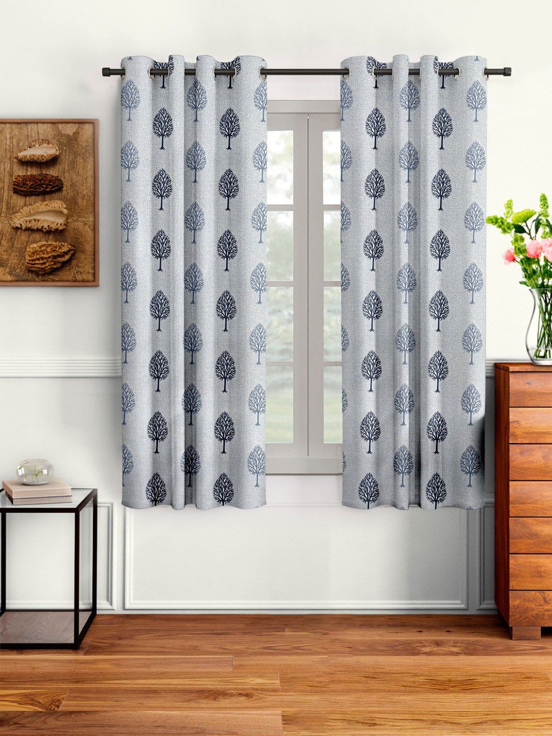 Cortina Grey & Blue Set of 2 Floral Window Curtain Price in India