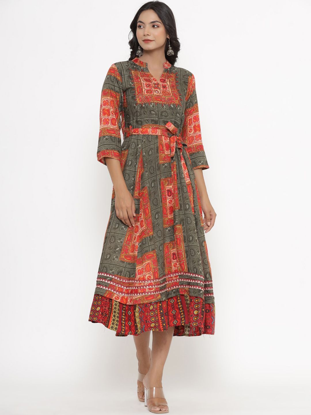 PK Fashions Grey & Orange Ethnic Midi Dress Price in India