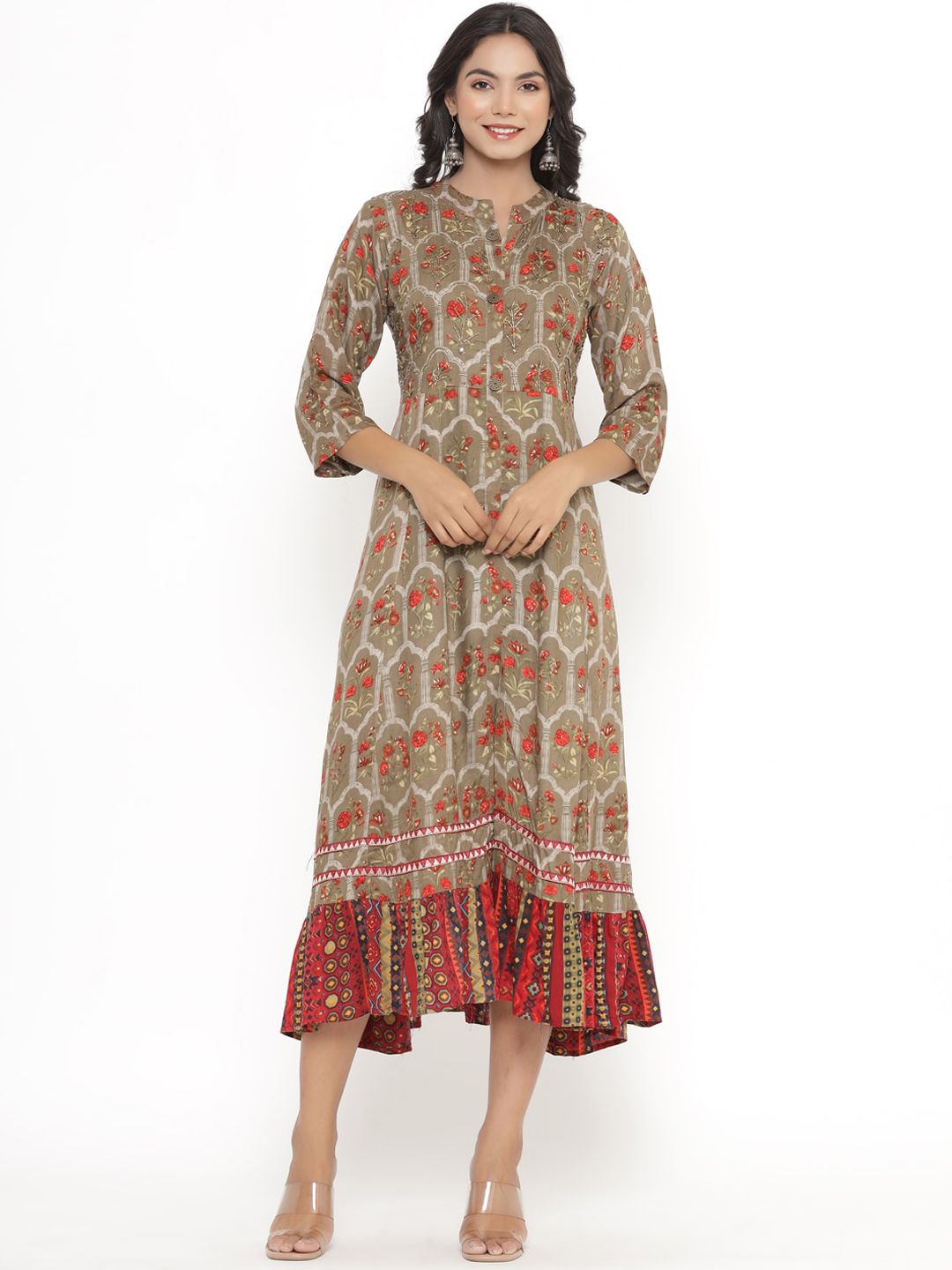 PK Fashions Beige & Red Ethnic Motifs Ethnic Fit & Flare Midi Dress Price in India