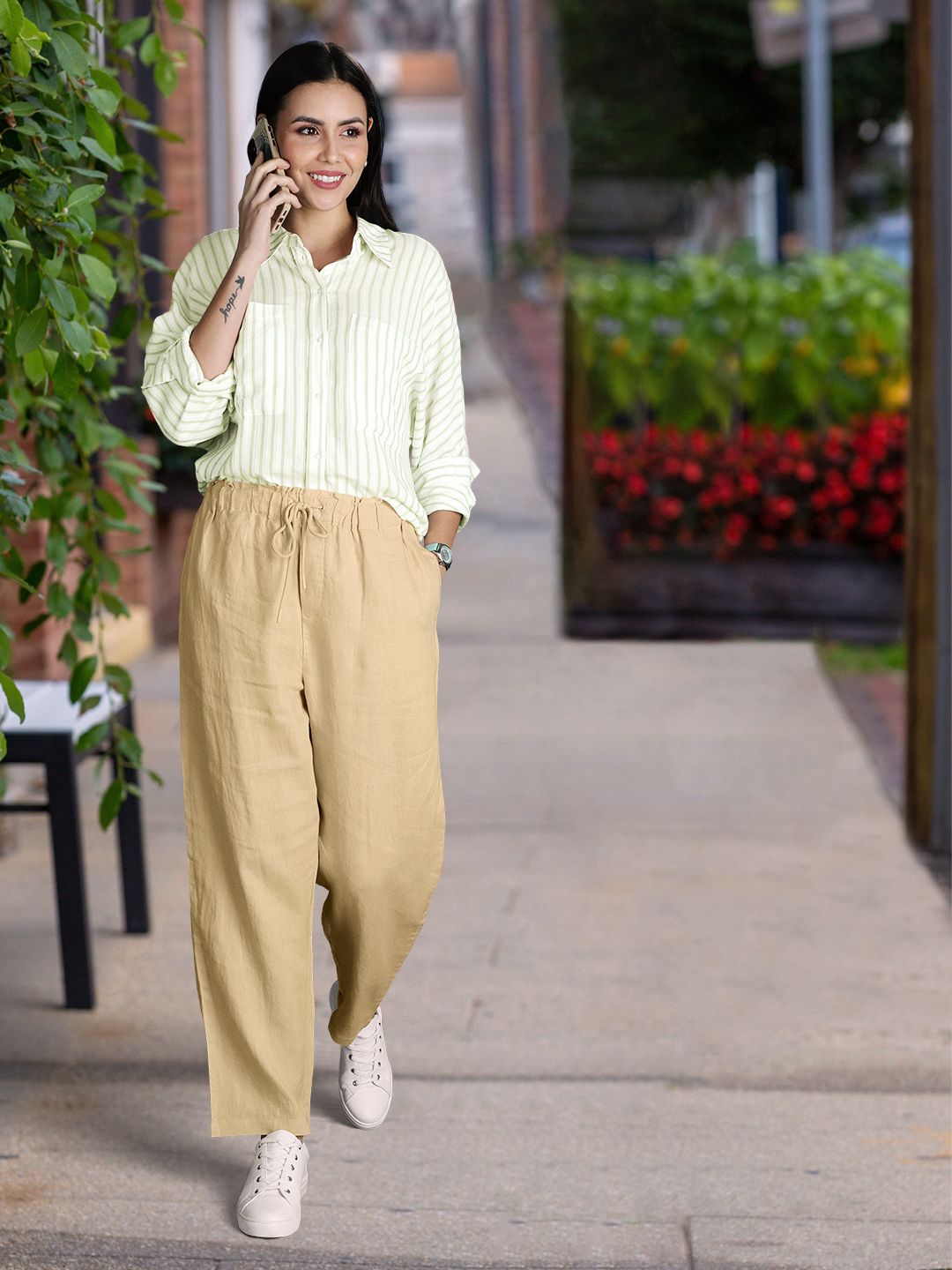 MANGO Women Khaki Solid Trousers Price in India