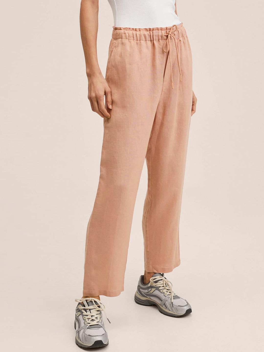 MANGO Women Peach-Coloured Pure Linen Straight Fit Trousers Price in India