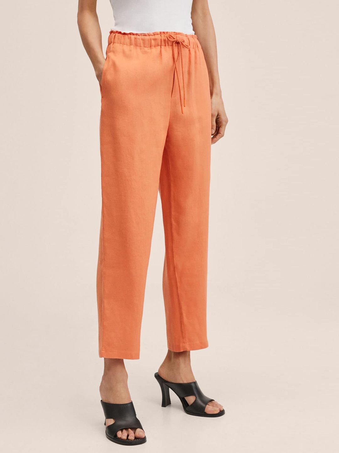 MANGO Women Orange Solid Trousers Price in India