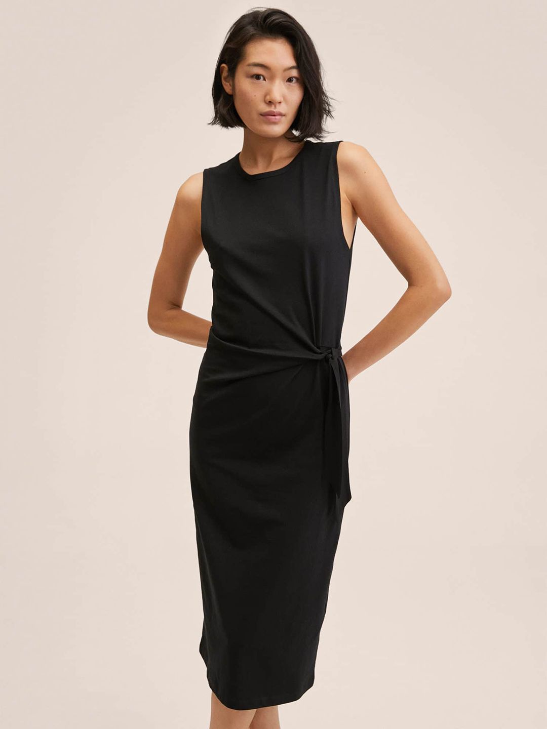 MANGO Black Pure Cotton Solid Midi Sheath Dress With Tie-Up Detail Price in India