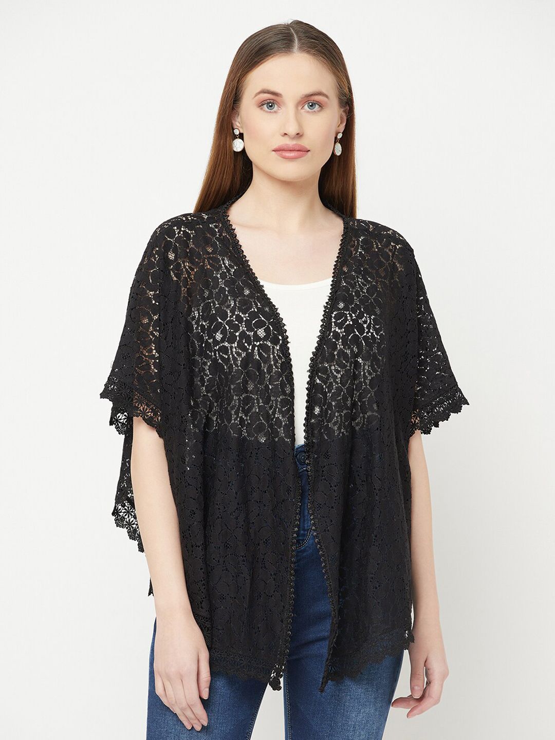 Espresso Women Black Kimono Sleeves Lace Inserts Shrug Price in India