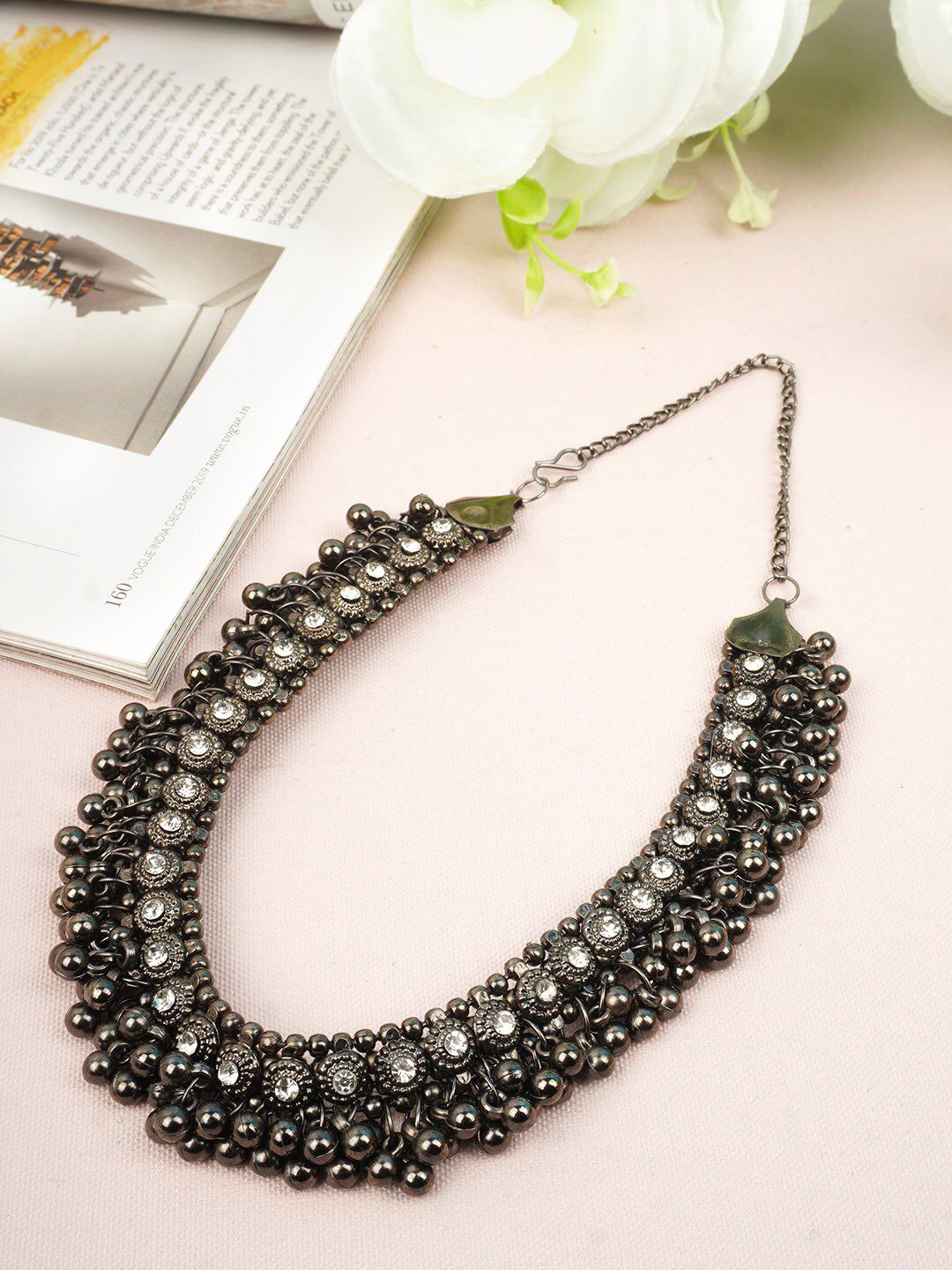 Urmika Silver-Toned & Black Oxidised Stones & Beaded Choker Necklace Price in India