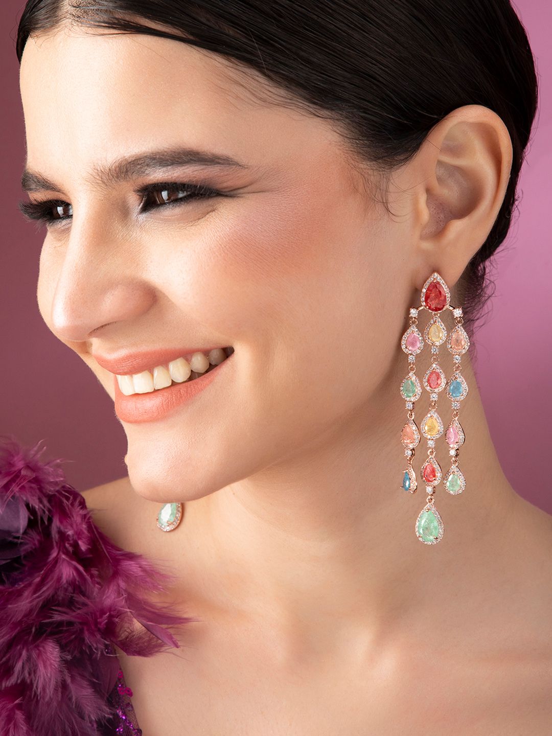 Rubans Rose Gold-Plated Peach-Coloured & Turquoise Blue Circular Drop Earrings Price in India