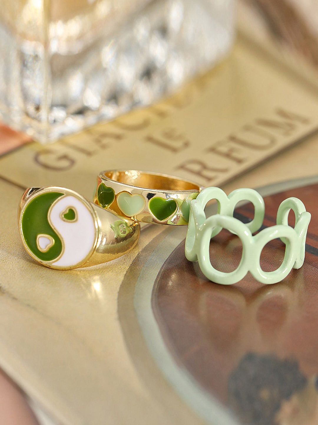 Jewels Galaxy Set Of 3 Gold-Plated & Green Design Detailed Finger Rings Price in India