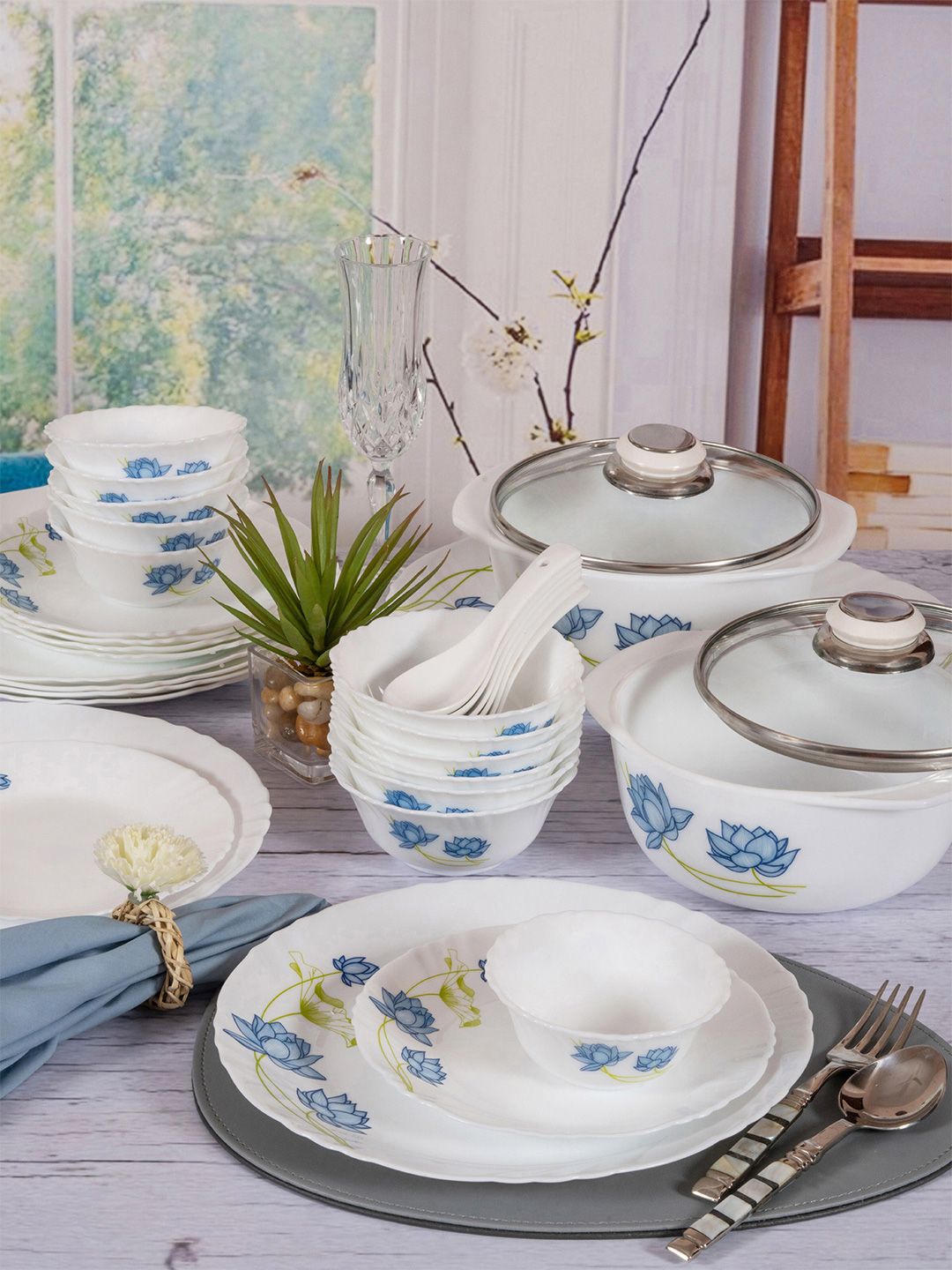 Cello White & Blue 35 Pieces Floral Printed Opalware Glossy Dinner Set Price in India