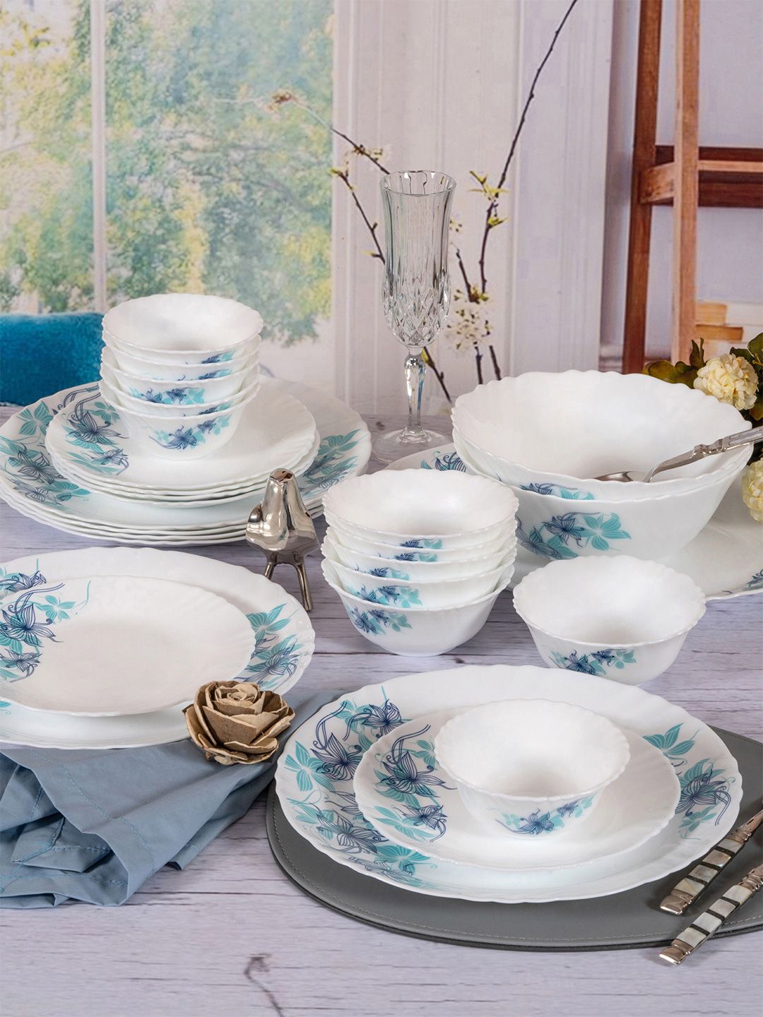 Cello Set Of 33 White & Blue Pieces Floral Printed Opalware Glossy Imperial Dinner Set Price in India