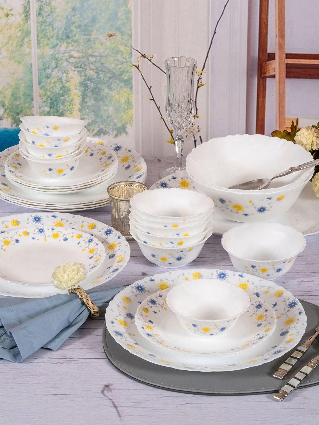 Cello White & Yellow 33 Pieces Floral Printed Opalware Glossy Dinner Set Price in India