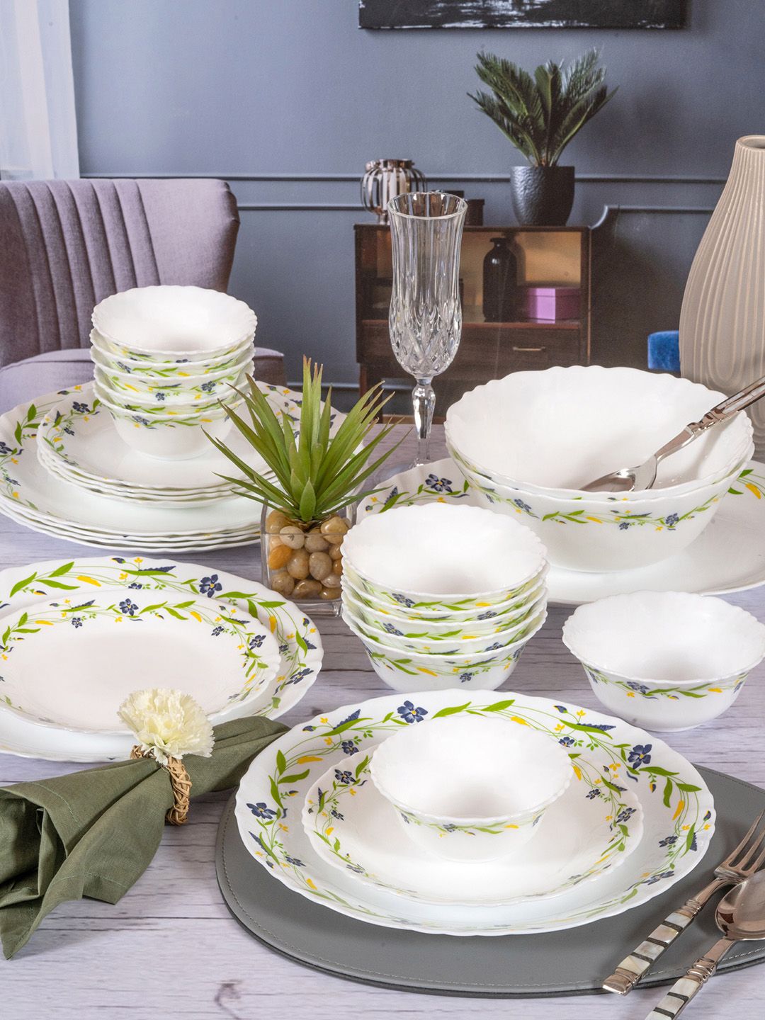 Cello Set Of 33 White & Green Floral Printed Opalware Glossy Dinner Set Price in India