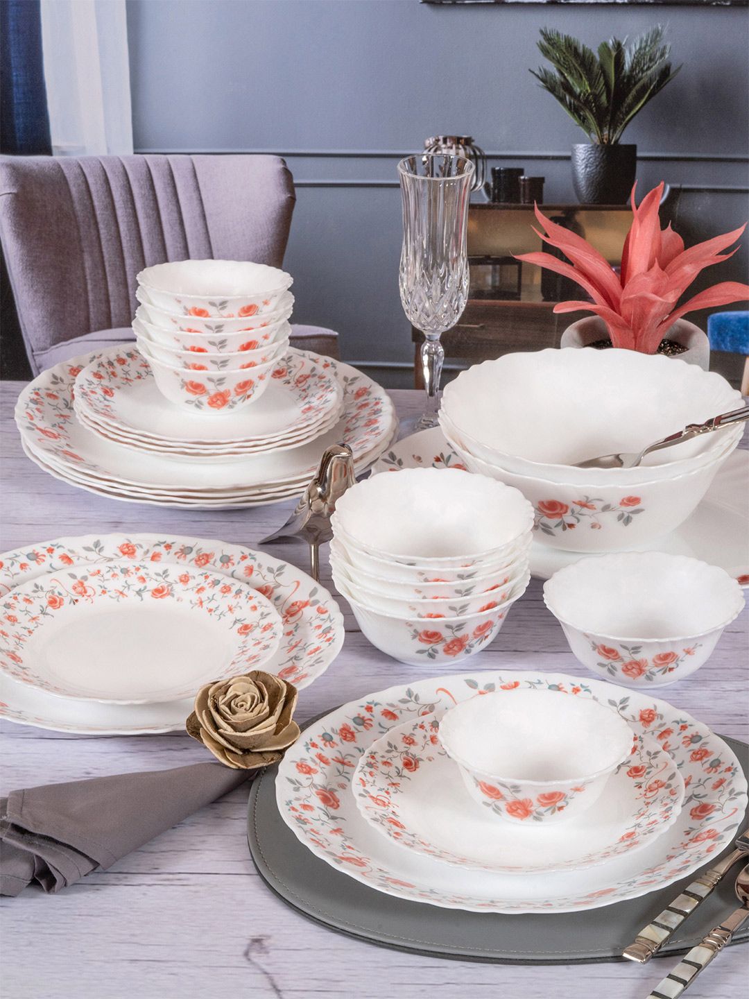 Cello 33 Pieces White & Orange Pieces Floral Printed Opalware Glossy Dinner Set Price in India