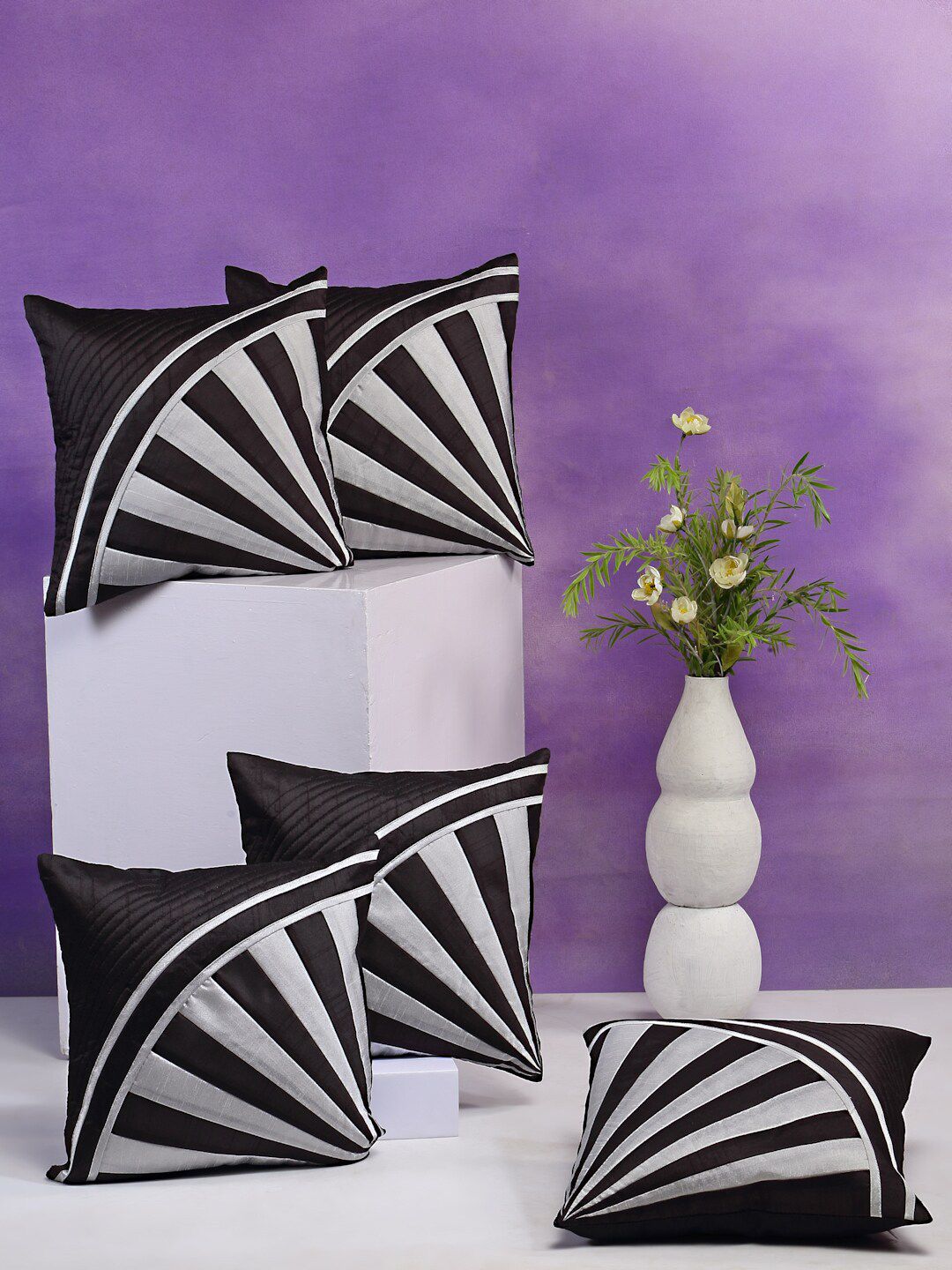DREAM WEAVERZ Black & White Set of 5 Embroidered Square Cushion Covers Price in India