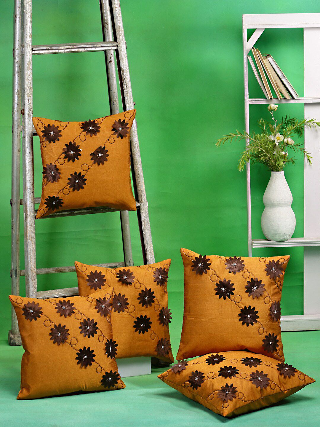 DREAM WEAVERZ Rust & Brown Set of 5 Embellished Silk Square Cushion Covers Price in India