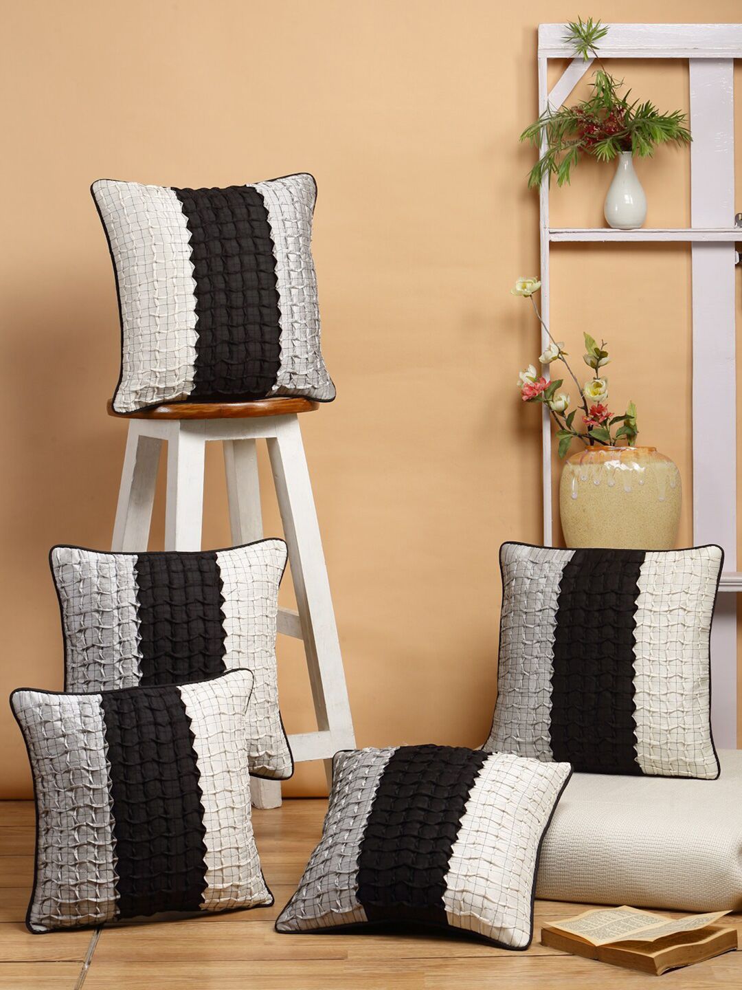 DREAM WEAVERZ Black & Grey Coloured Set of 5 Embellished Square Cushion Covers Price in India