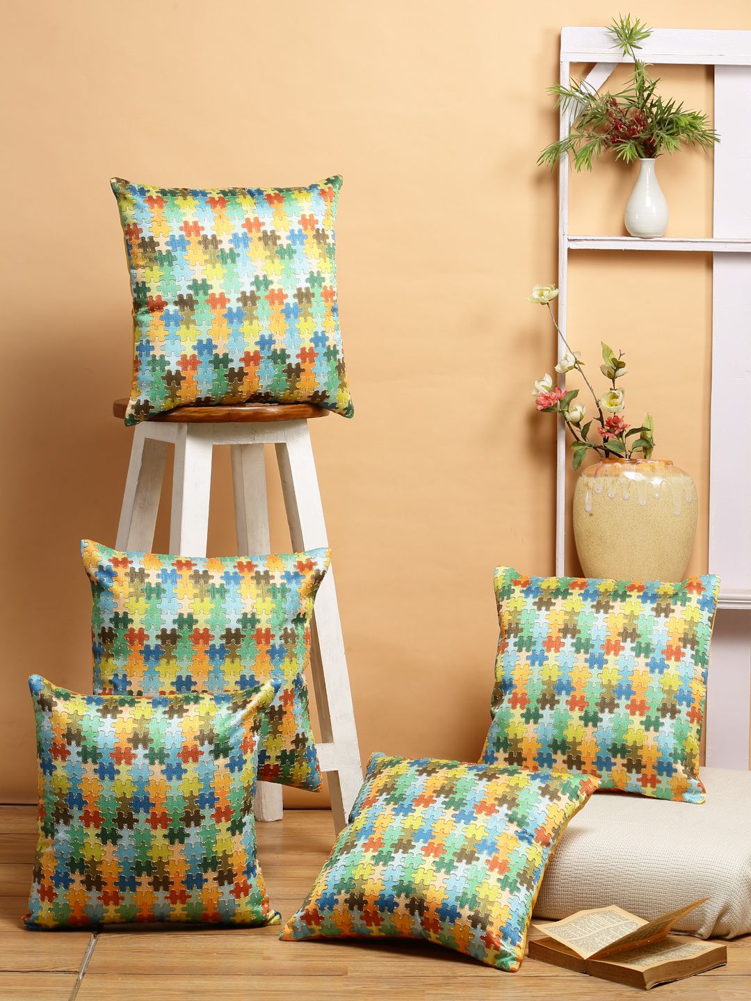 DREAM WEAVERZ Orange & Blue Set of 5 Embellished Square Cushion Covers Price in India