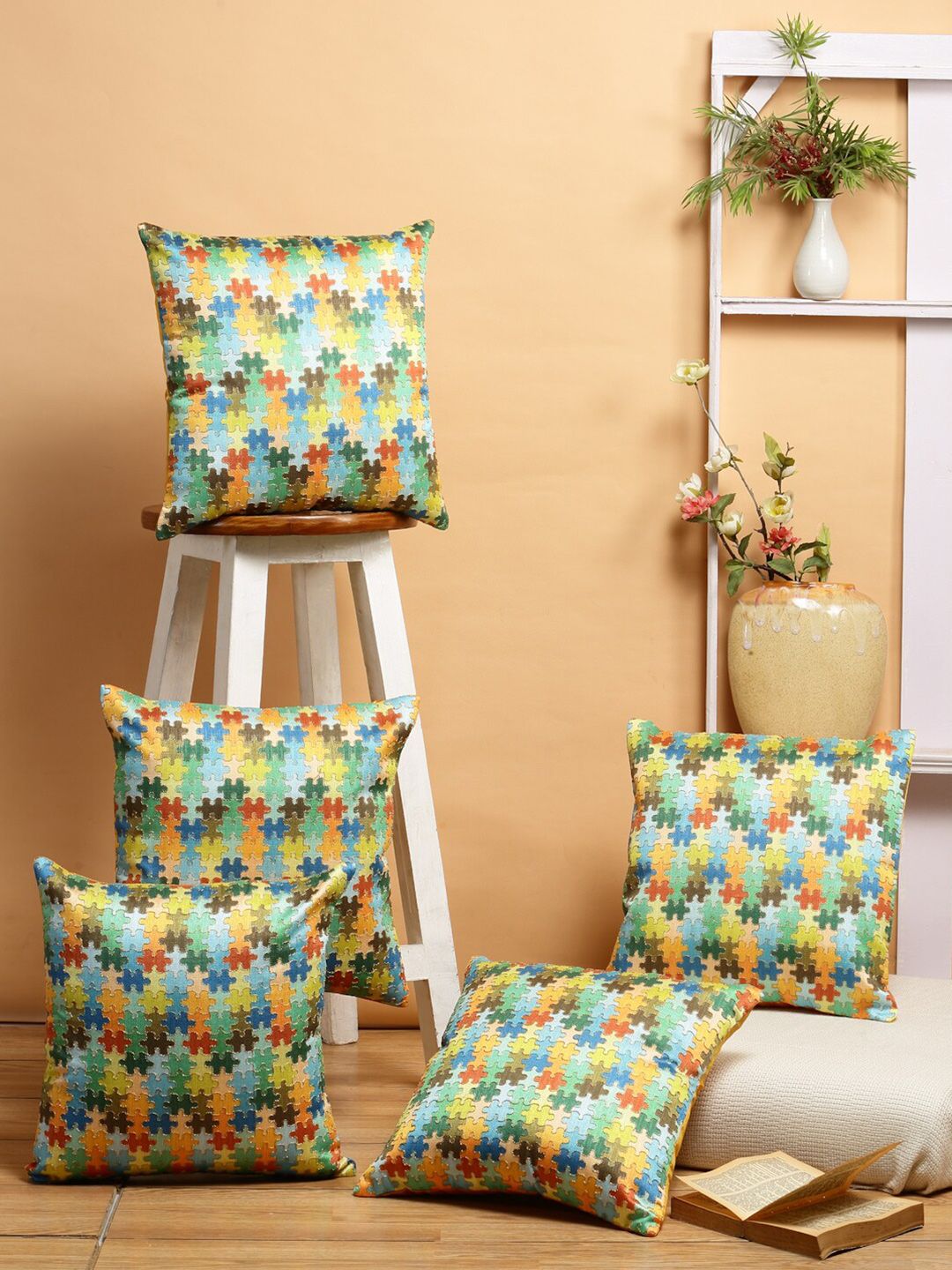 DREAM WEAVERZ Orange & Blue Set of 5 Embellished Square Cushion Covers Price in India