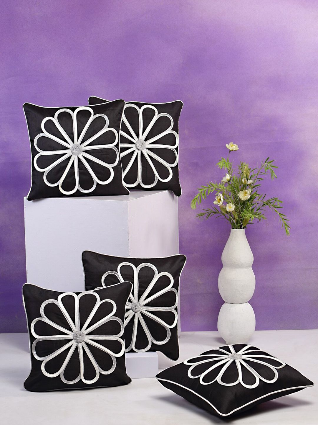 DREAM WEAVERZ Black & White Set of 5 Embellished Square Cushion Covers Price in India