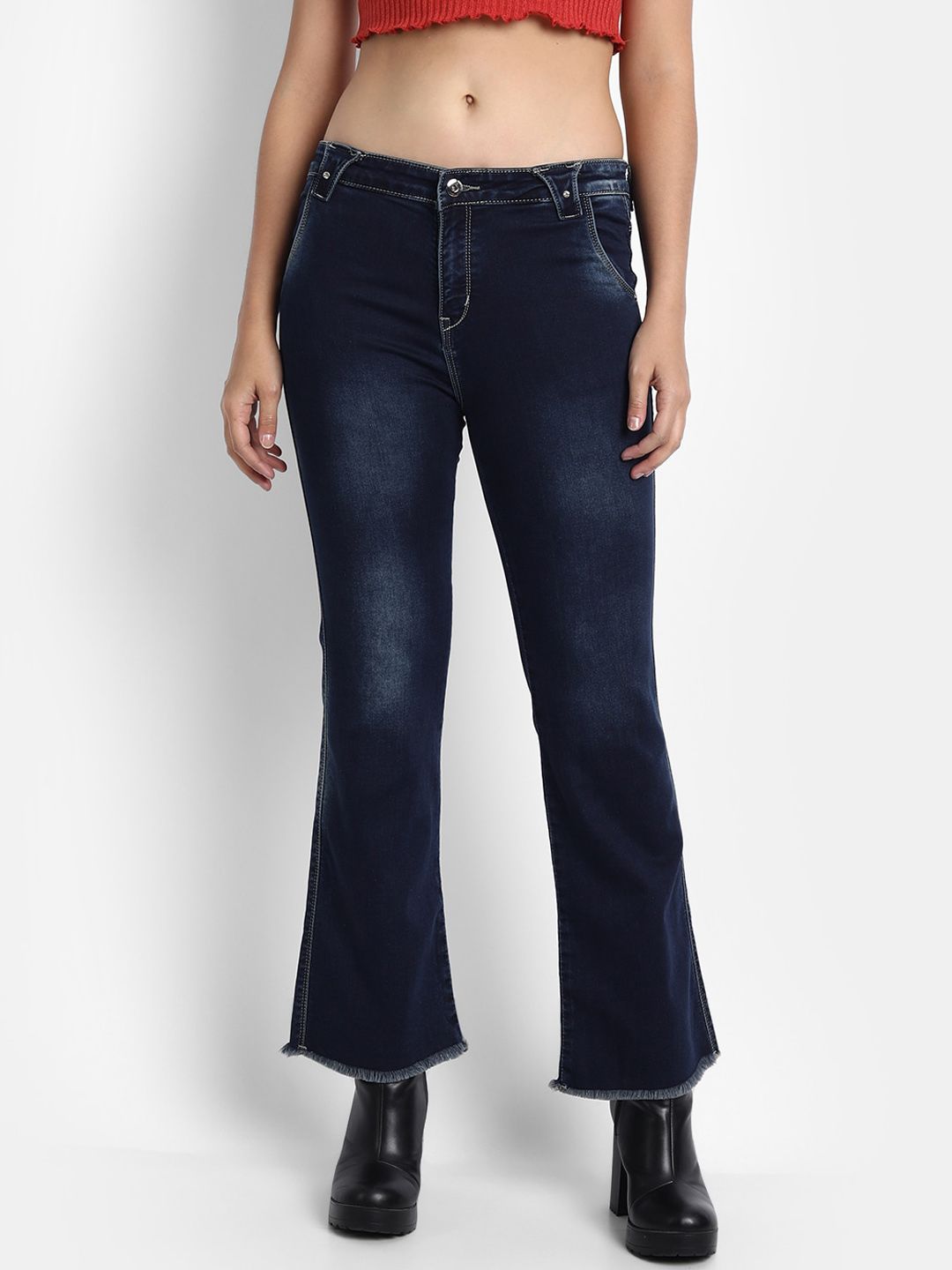 Next One Women Navy Blue Jean Bootcut High-Rise Light Fade Stretchable Jeans Price in India