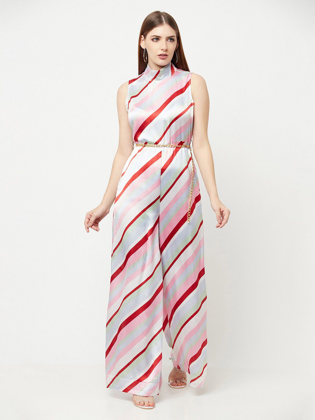 THE SILHOUETTE STORE White & Red Striped Basic Jumpsuit Price in India