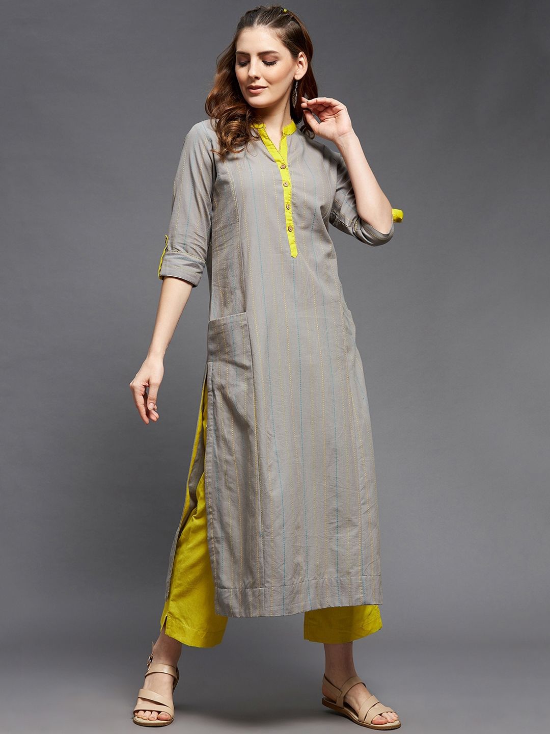 Indian Dobby Women Grey & Yellow Striped Kantha Work Indie Prints Dobby Pure Cotton Kurta Price in India