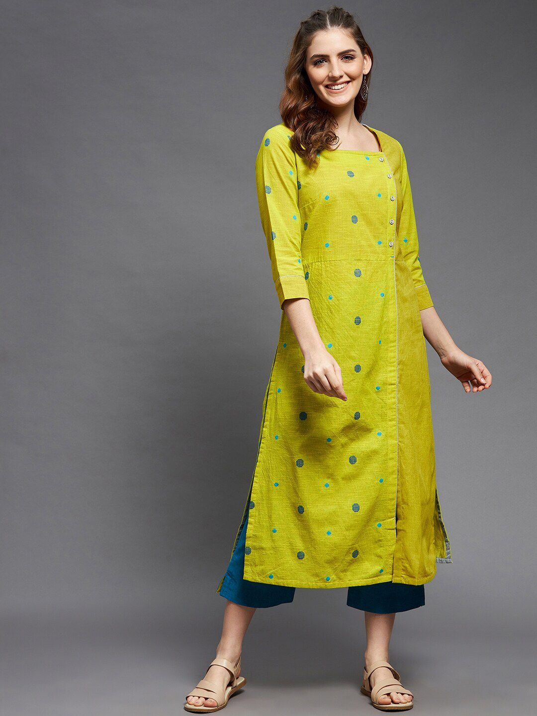 Indian Dobby Women Lime Green & Blue Woven Design Cotton Dobby Kurta Price in India