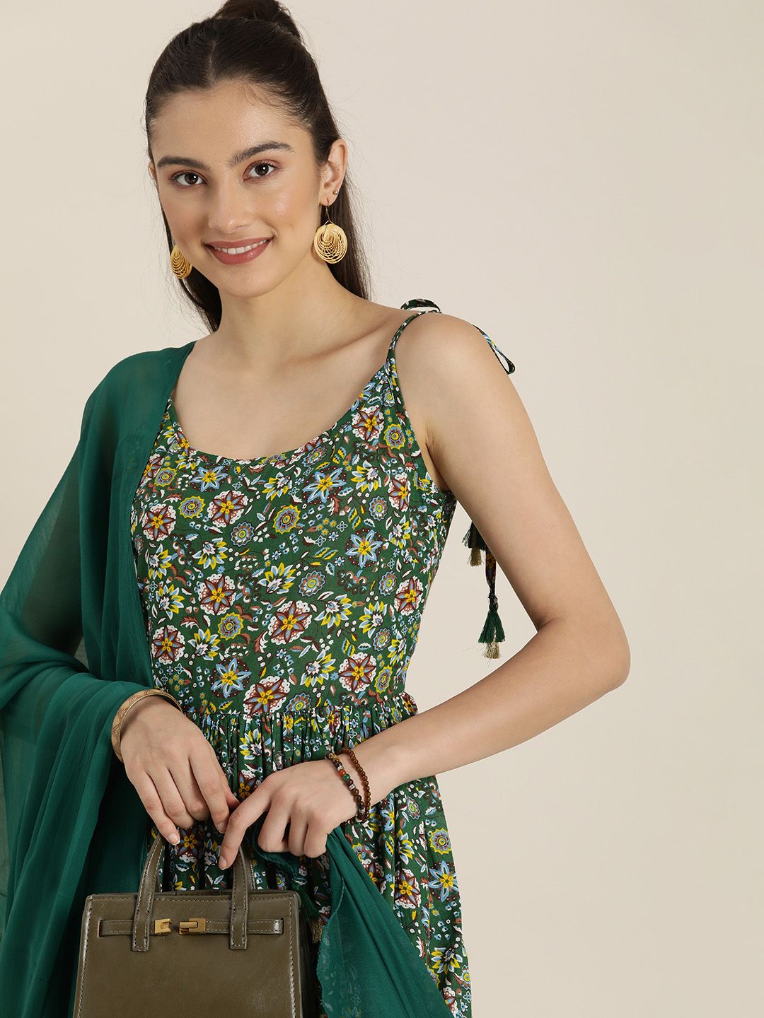 Sangria Women Green Floral Print Pleated Kurta with Trousers & Dupatta Price in India