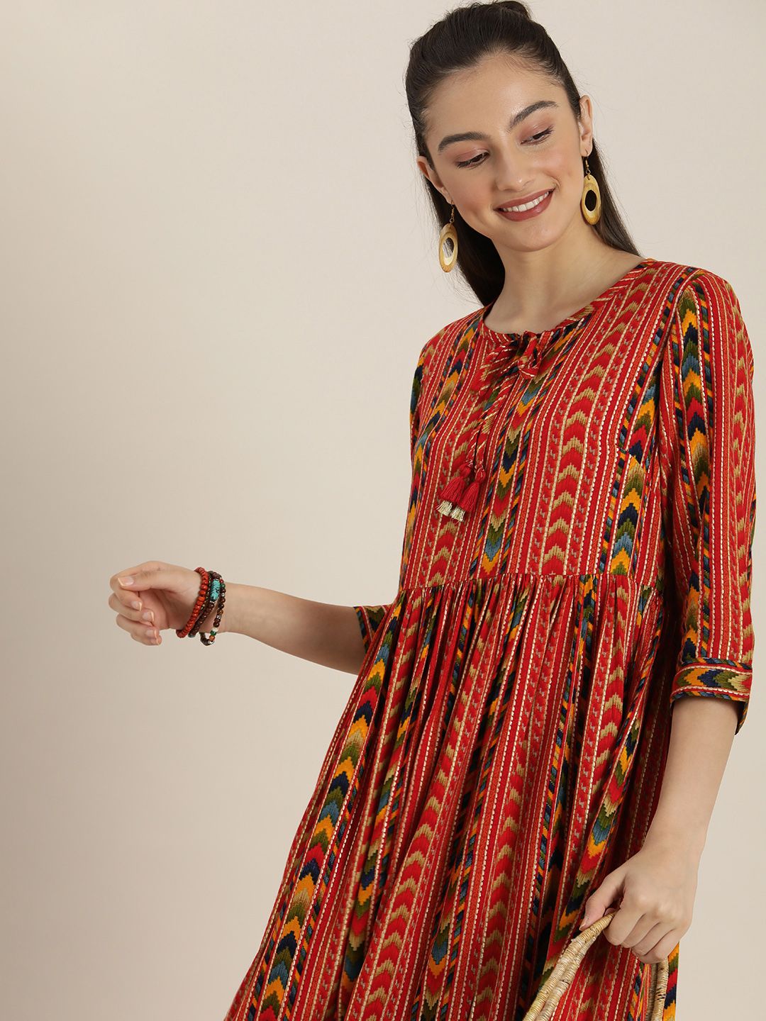 Sangria Red & Beige Printed Tie-Up Neck Ethnic A-Line Dress Price in India